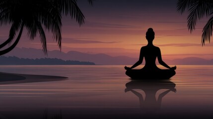 Fototapeta premium Serene silhouette of a meditating figure against a tranquil sunset backdrop with palm trees reflecting in calm waters promoting mindfulness and inner peace in a tranquil setting