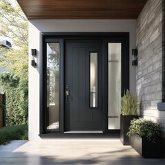 Modern black fiberglass front door with a stylish sidelite, enhancing the houses exterior look.