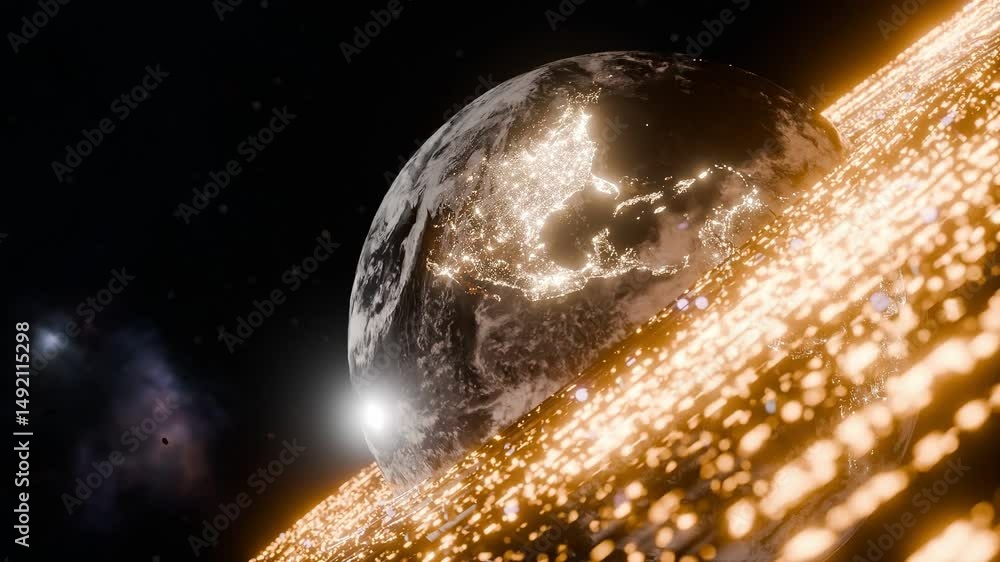 Poster digital earth with illuminated city lights orbiting above glowing yellow data stream in outer space.