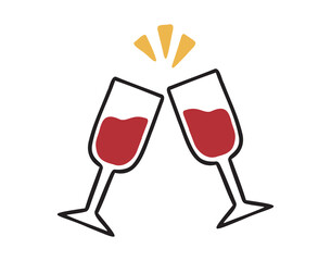 Two glasses of wine clink together icon doodle hand drawn. Outline line drawing clipart symbol