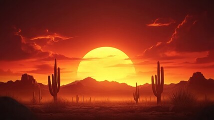 Obraz premium Fiery Sunset over the Sonoran Desert: Cacti Silhouettes against a Blazing Sky