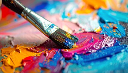 Fototapeta premium Brushes and paints with a colorful palette suggest artistic creativity for a painter's craft in the studio