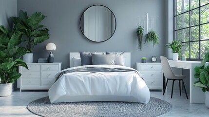 Bright bedroom with plants, a large window, and white bedding decor. This image creates a calming, modern interior for designs.