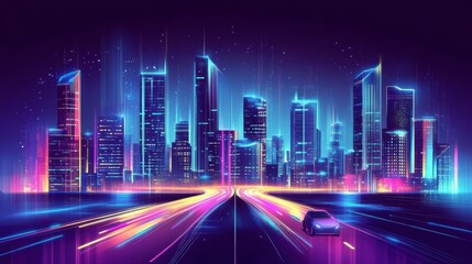 Neon Cityscape at Night: Futuristic Metropolis with Glowing Skyscrapers and a Car on a Vibrant Highway