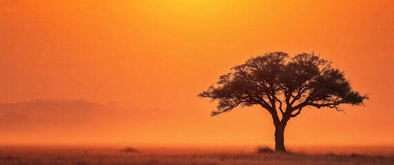 Lonely acacia tree standing in misty african savanna at sunrise