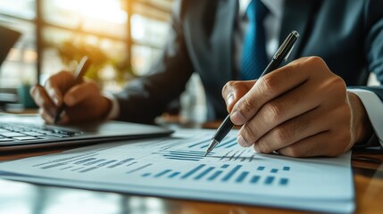 Business professional analyzing financial documents in office setting