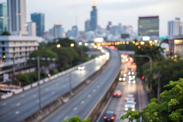 Fototapeta premium Blurred cityscape with traffic at dusk