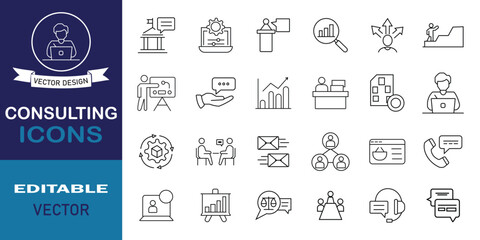 Consulting icon set with scope, creative, business, technology, construction, health, team, idea, university and service. Mega set of consulting icons. Editable stroke. Vector illustration.