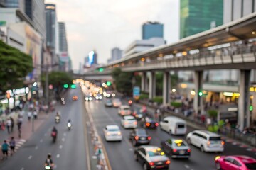 Bustling city street during twilight with blurred traffic