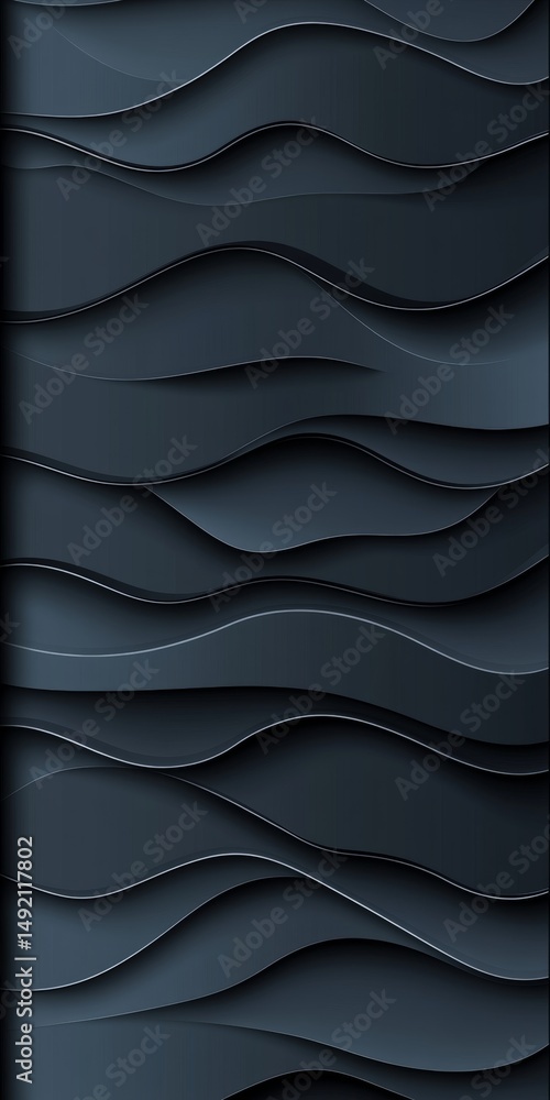 Poster abstract background, dynamic flowing 3d waves, seamless pattern. black monochrome elegant design.