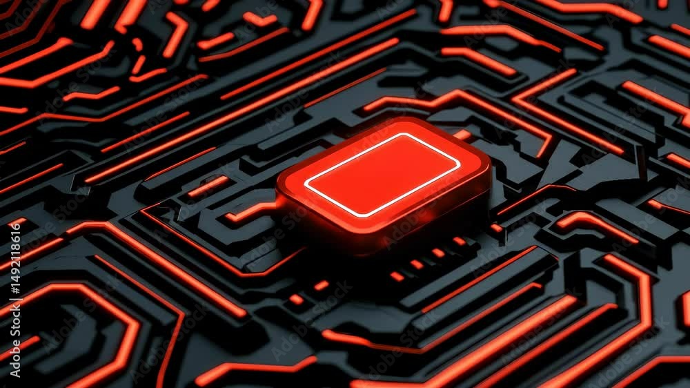 Poster glowing red button on black circuit board with intricate electronic pathways and orange lighting tec