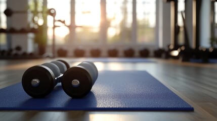 Dumbbells resting on a blue mat in a luminous gym, embodying health and strength