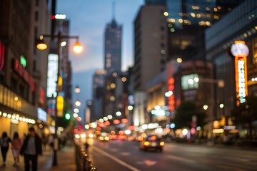 Blurry city street at dusk with vibrant lights
