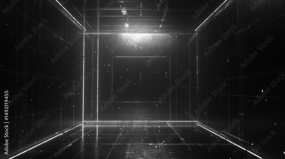 Poster empty digital cube room with glowing lines