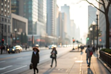 Blurry cityscape with pedestrians and traffic in urban setting