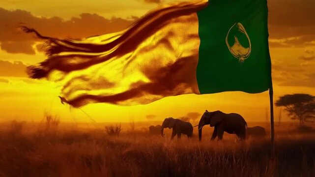 African Union flag waving at sunset with elephants in background.
