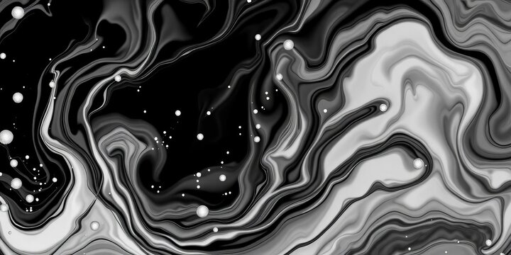 Elegant black & white liquid swirls with suspended white particles, creating a luxurious, abstract pattern, upscale, backdrop