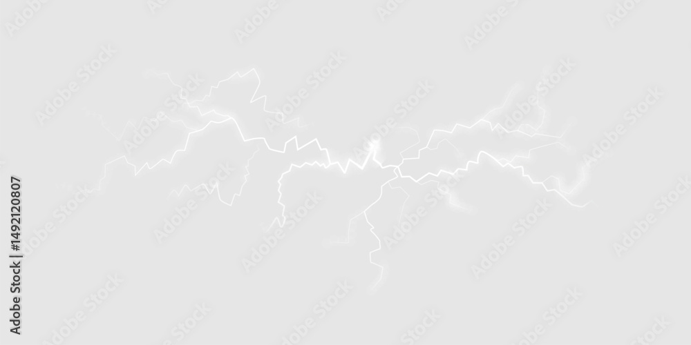 Poster white electric lightning bolt with sharp glowing branches on bright transparent background. abstract