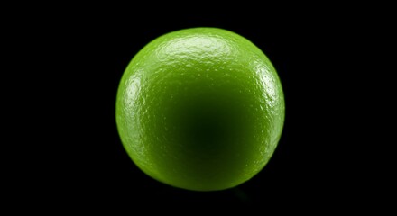 "A single, perfectly ripe green lime, captured in a vibrant close-up studio shot, isolated against a dramatic, deep black background. 
