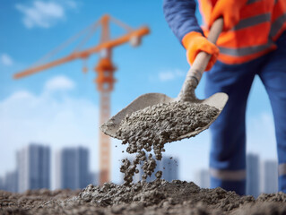 Construction worker shoveling wet concrete at building site with crane and city skyline in background