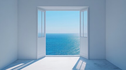 Open window overlooking serene sea with bright blue sky on sunny day