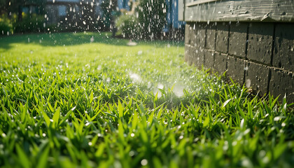 Sprinkler Irrigation: Lush Green Lawn, Sunlight, and Water Droplets.