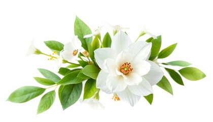 Fototapeta premium Delicate watercolor white floral bouquet with green leaves, isolated, white background, wedding invitation