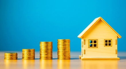 Stacks of gold coins increasing next to a small wooden house on a blue background concept of investment