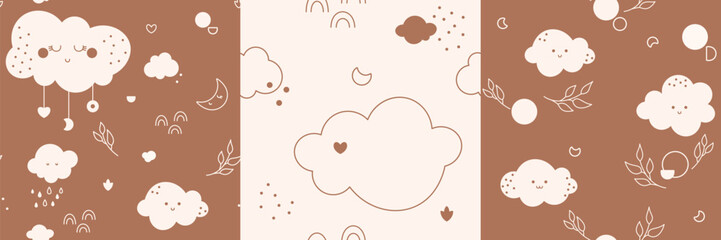 Bohemian baby seamless patterns. Gender neutral color repeating pictures with kawaii clouds and leaves rainbows moon hearts.