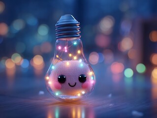 Charming lightbulb character filled with fairy lights and fluffy face