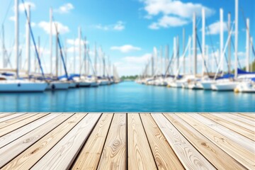 Wooden deck foreground with blurred marina full of yachts and sailboats in the background, sunny weather, peaceful summer vacation concept. Ai generative