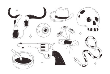 Wild west doodles clipart. Cowgirl western coquette aesthetic. Revolver, snake, hat, eye, buffalo skull. Hand drawn black outline western core vector illustration. 
