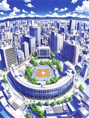 High-angle view of a city with a central park and buildings.