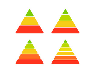 Levels of triangular pyramid. Color triangle pyramid chart. Maslow layer diagram. Development level infographic. Business graph. Vector illustration isolated on white background.