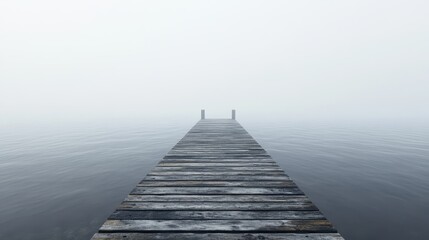 Fototapeta premium Misty lakeside dock extending into foggy horizon