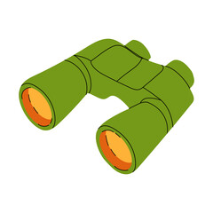 Vector illustration of green binoculars in flat cartoon style, isolated on white background, ideal for travel and outdoor adventure themes