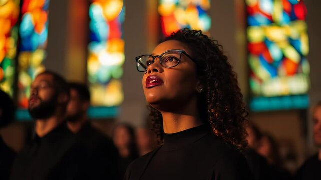 Woman with curly hair and glasses sings with others, surrounded by soft light and stained glass hues