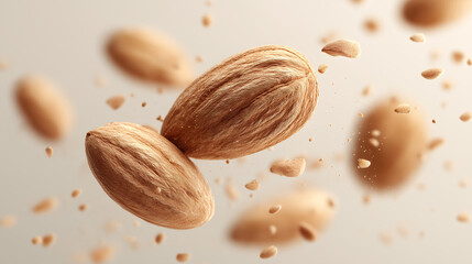 Almond Glee: a striking food image showcasing two large almonds suspended in mid-air, surrounded by tiny fragments against a warm background.