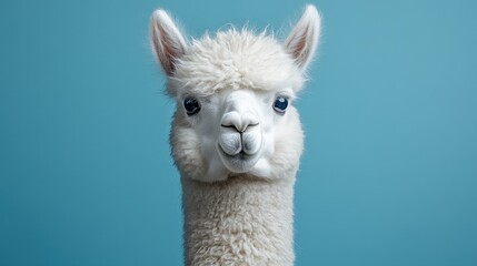 Fototapeta premium Close-up portrait of fluffy white alpaca against blue background