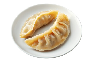 Steamed mandu dumplings placed in circular pattern on ceramic plate, isolated on white transparent background, concept of Asian cuisine