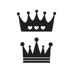 Royal Crown Silhouette Icons Elegant King & Queen Tiara Vector Set with Heart Motifs

