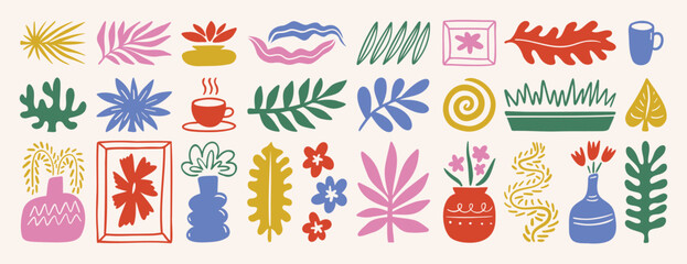 leaf plant floral abstract matisse style shapes set. Hand drawn silhouette branches, blobs, flowers. Contemporary doodle art