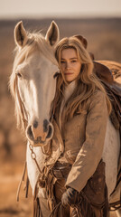 Obraz premium Young woman embracing white horse in an outdoor desert setting 