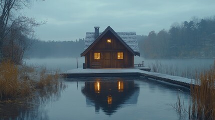Fototapeta premium Cozy cabin on a snowy lake dock at twilight