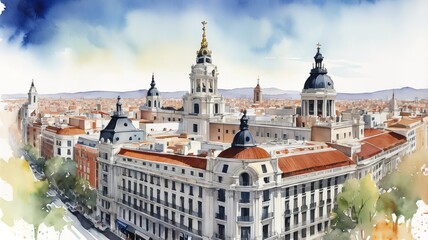 Obraz premium A Watercolor of Madrid Cityscape.