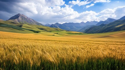 Obraz premium Golden Wheat Fields Embrace Majestic Mountains