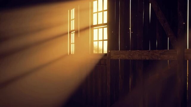 Golden sunbeams streaming through windows into rustic wooden structure creating an atmospheric interior scene with visible particles