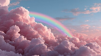 Pastel rainbow arcs across fluffy pink and blue clouds in a dreamy sky of magical realism with a glowing light