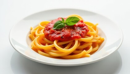 Plate of vibrant pasta with tomato sauce, white backdrop , pasta, penne
