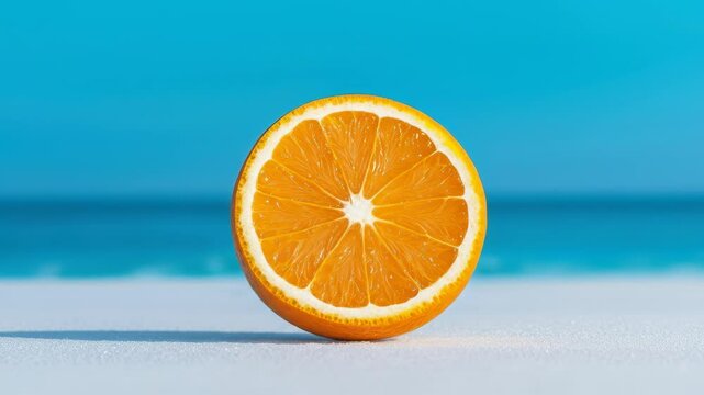 Fresh orange slice and half white surface with blue sky and ocean background, bright vibrant citrus fruit, tropical summer feeling